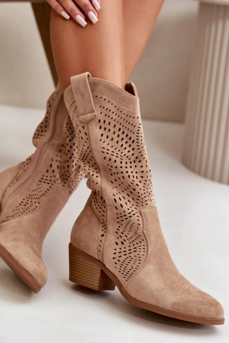 Ażurowe Damskie Botki Kowbojki Na Obcasie Brązowe Iceda