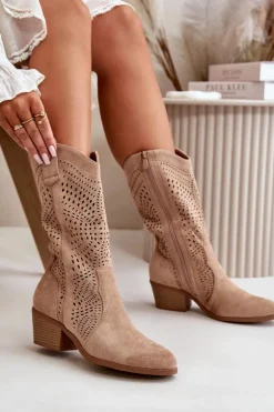 Ażurowe Damskie Botki Kowbojki Na Obcasie Brązowe Iceda