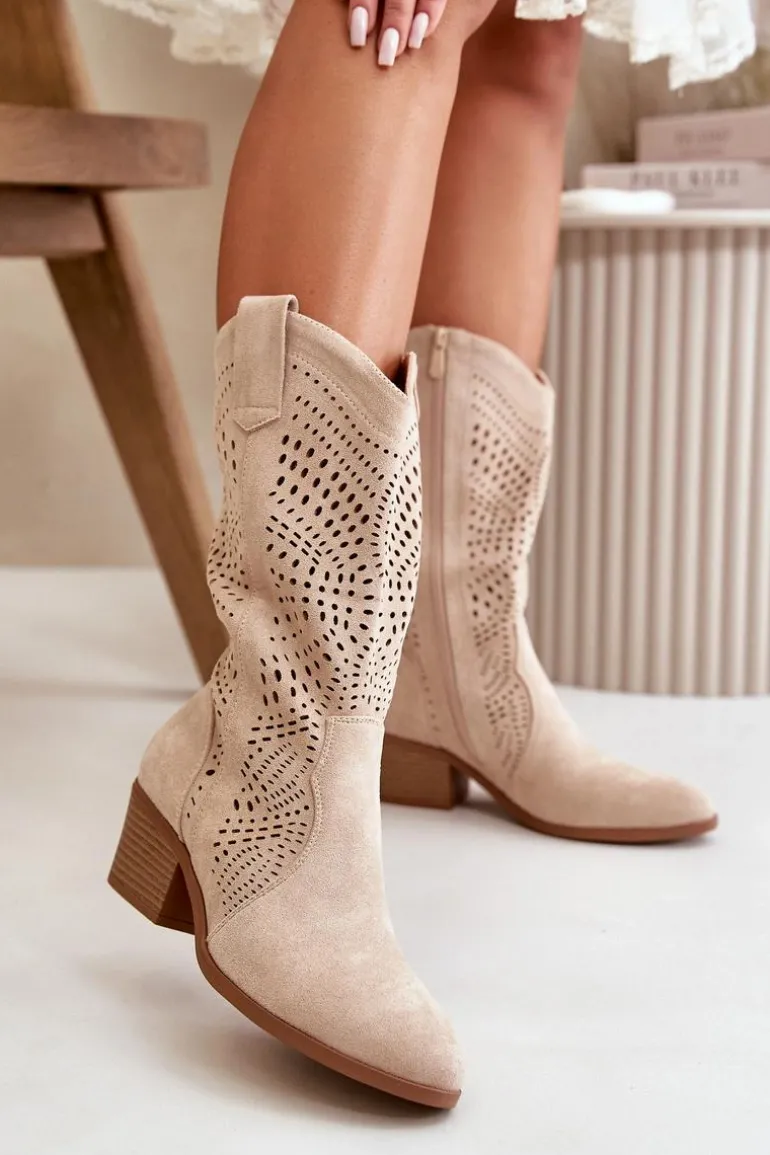 Ażurowe Damskie Botki Kowbojki Na Obcasie Beżowe Iceda