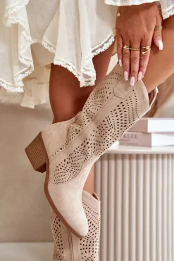Ażurowe Damskie Botki Kowbojki Na Obcasie Beżowe Iceda