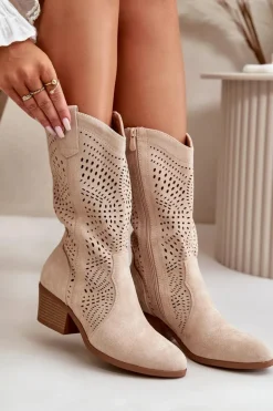 Ażurowe Damskie Botki Kowbojki Na Obcasie Beżowe Iceda