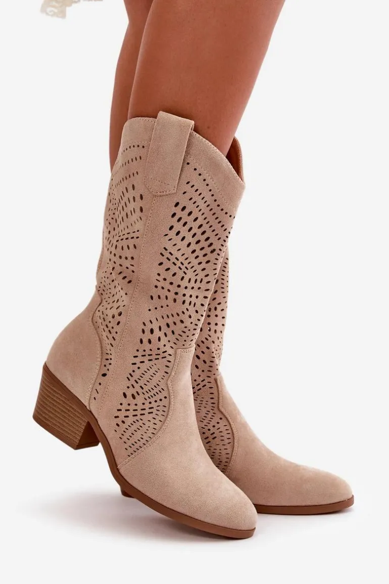 Ażurowe Damskie Botki Kowbojki Na Obcasie Beżowe Iceda