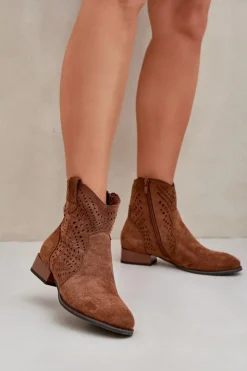 Ażurowe Damskie Botki Na Niskim Obcasie Brązowe Neliawen