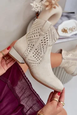 Ażurowe Damskie Botki Na Niskim Obcasie Złote Neliawen