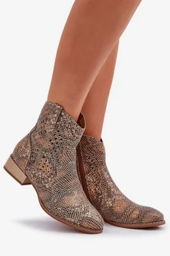 Ażurowe Damskie Botki Na Niskim Obcasie Ozdobione Zwierzęcym Wzorem Złote Neliawen