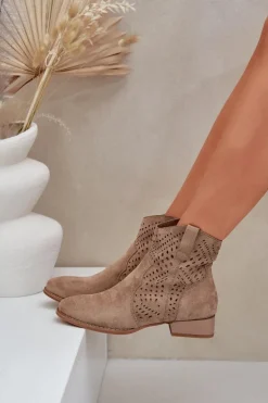 Ażurowe Damskie Botki Na Niskim Obcasie Beżowe Neliawen