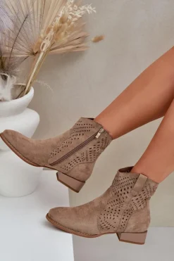 Ażurowe Damskie Botki Na Niskim Obcasie Beżowe Neliawen