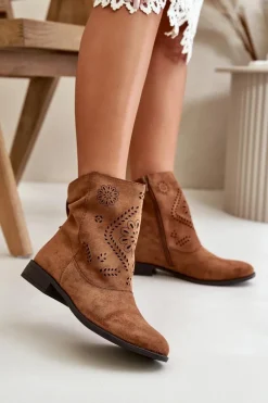 Ażurowe Damskie Niskie Botki Zapinane Na Zamek Brązowe Irinette