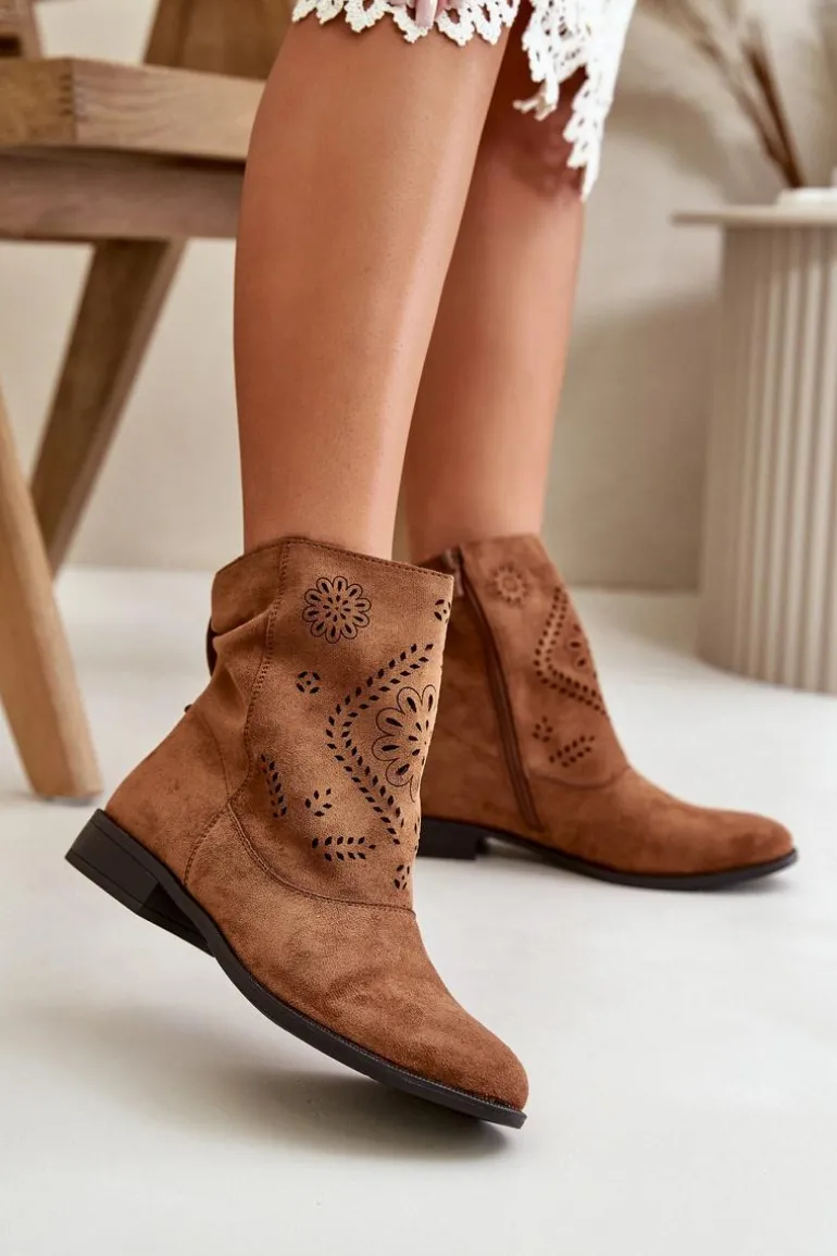 Ażurowe Damskie Niskie Botki Zapinane Na Zamek Brązowe Irinette