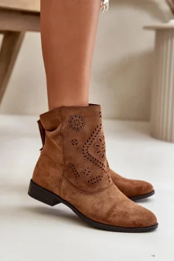 Ażurowe Damskie Niskie Botki Zapinane Na Zamek Brązowe Irinette