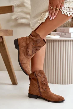 Ażurowe Damskie Niskie Botki Zapinane Na Zamek Brązowe Irinette