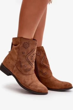 Ażurowe Damskie Niskie Botki Zapinane Na Zamek Brązowe Irinette