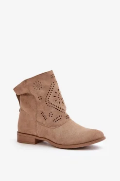 Ażurowe Damskie Niskie Botki Zapinane Na Zamek Beżowe Irinette
