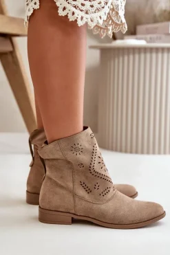 Ażurowe Damskie Niskie Botki Zapinane Na Zamek Beżowe Irinette