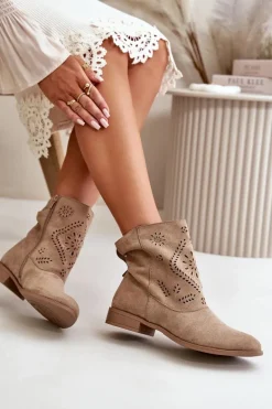 Ażurowe Damskie Niskie Botki Zapinane Na Zamek Beżowe Irinette
