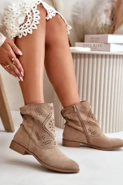 Ażurowe Damskie Niskie Botki Zapinane Na Zamek Beżowe Irinette
