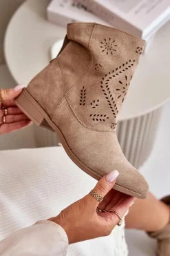 Ażurowe Damskie Niskie Botki Zapinane Na Zamek Beżowe Irinette