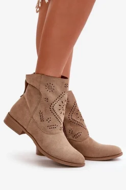 Ażurowe Damskie Niskie Botki Zapinane Na Zamek Beżowe Irinette