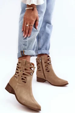 Ażurowe Damskie Skórzane Botki Beżowe Lewski 3329