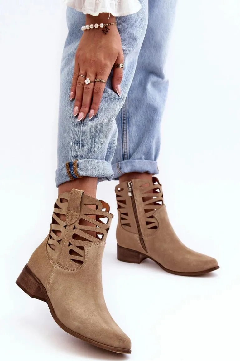 Ażurowe Damskie Skórzane Botki Beżowe Lewski 3329