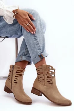 Ażurowe Damskie Skórzane Botki Beżowe Lewski 3329