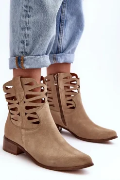 Ażurowe Damskie Skórzane Botki Beżowe Lewski 3329