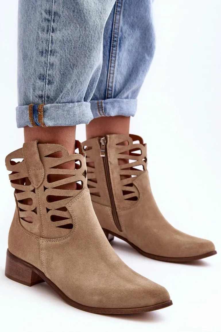 Ażurowe Damskie Skórzane Botki Beżowe Lewski 3329