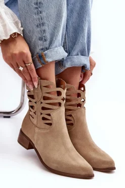 Ażurowe Damskie Skórzane Botki Beżowe Lewski 3329