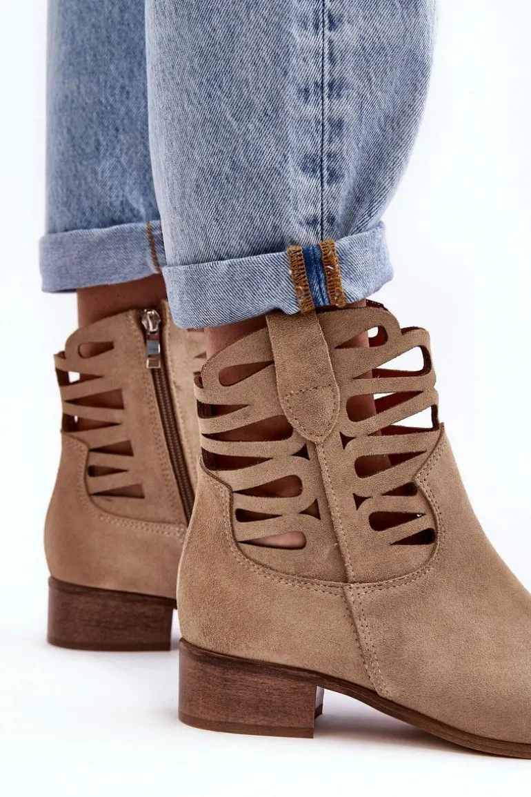 Ażurowe Damskie Skórzane Botki Beżowe Lewski 3329