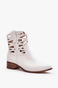 Ażurowe Damskie Skórzane Botki Białe Lewski 3329