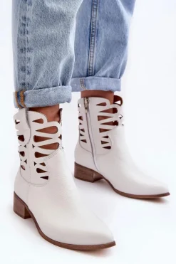 Ażurowe Damskie Skórzane Botki Białe Lewski 3329