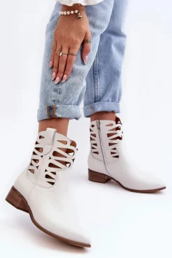Ażurowe Damskie Skórzane Botki Białe Lewski 3329