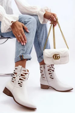 Ażurowe Damskie Skórzane Botki Białe Lewski 3329