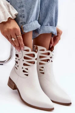 Ażurowe Damskie Skórzane Botki Białe Lewski 3329
