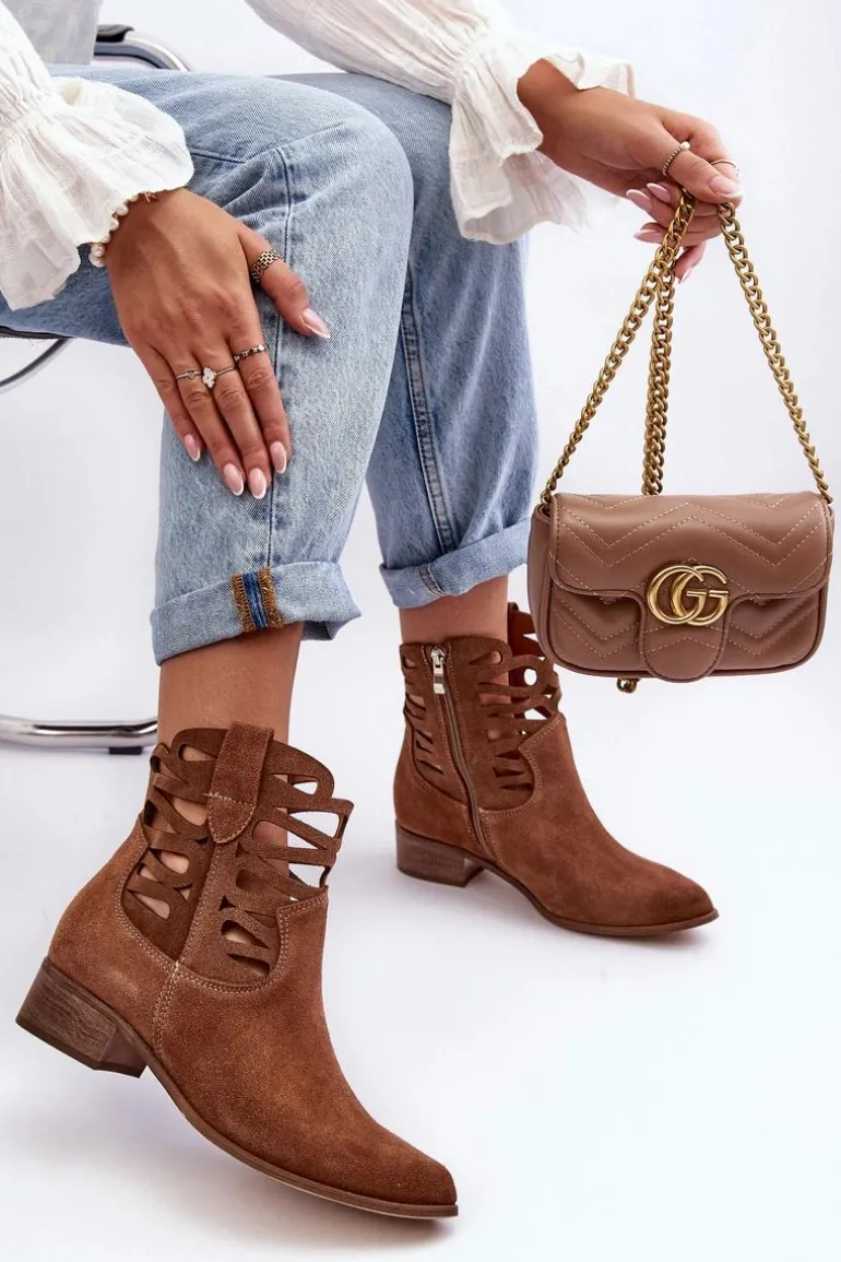 Ażurowe Damskie Skórzane Botki Brązowe Lewski 3329