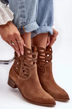 Ażurowe Damskie Skórzane Botki Brązowe Lewski 3329