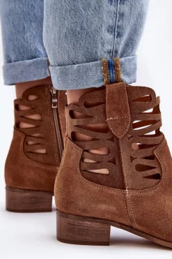 Ażurowe Damskie Skórzane Botki Brązowe Lewski 3329