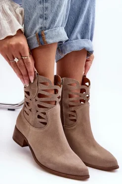 Ażurowe Damskie Skórzane Botki Ciemnobeżowe Lewski 3329