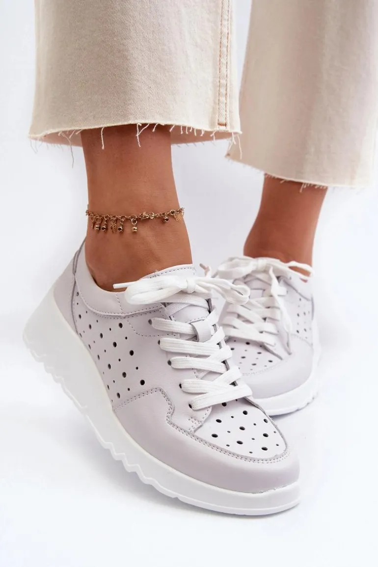 Ażurowe Damskie Sneakersy Na Koturnie Skóra Naturalna Jasnoszare S.Barski LR482