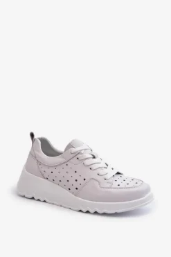 Ażurowe Damskie Sneakersy Na Koturnie Skóra Naturalna Jasnoszare S.Barski LR482