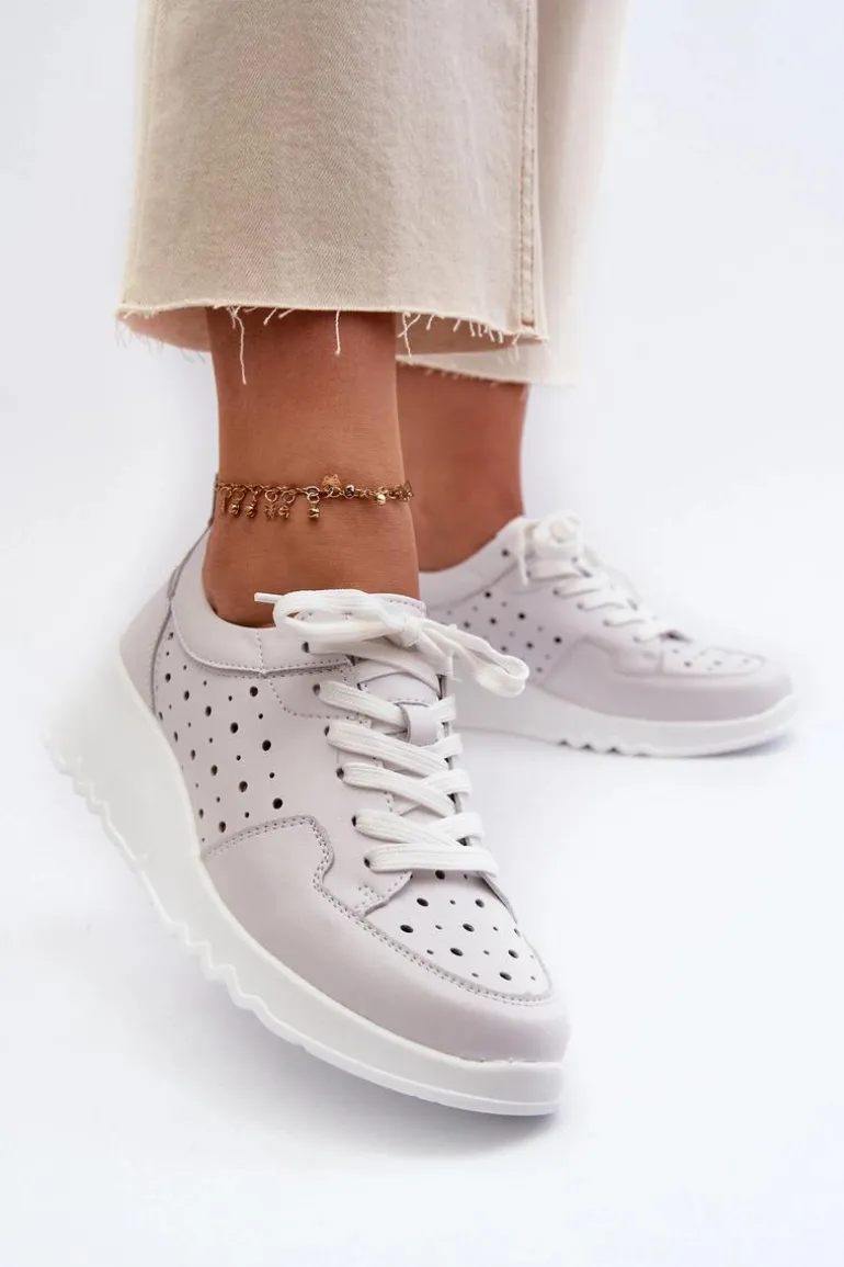 Ażurowe Damskie Sneakersy Na Koturnie Skóra Naturalna Jasnoszare S.Barski LR482
