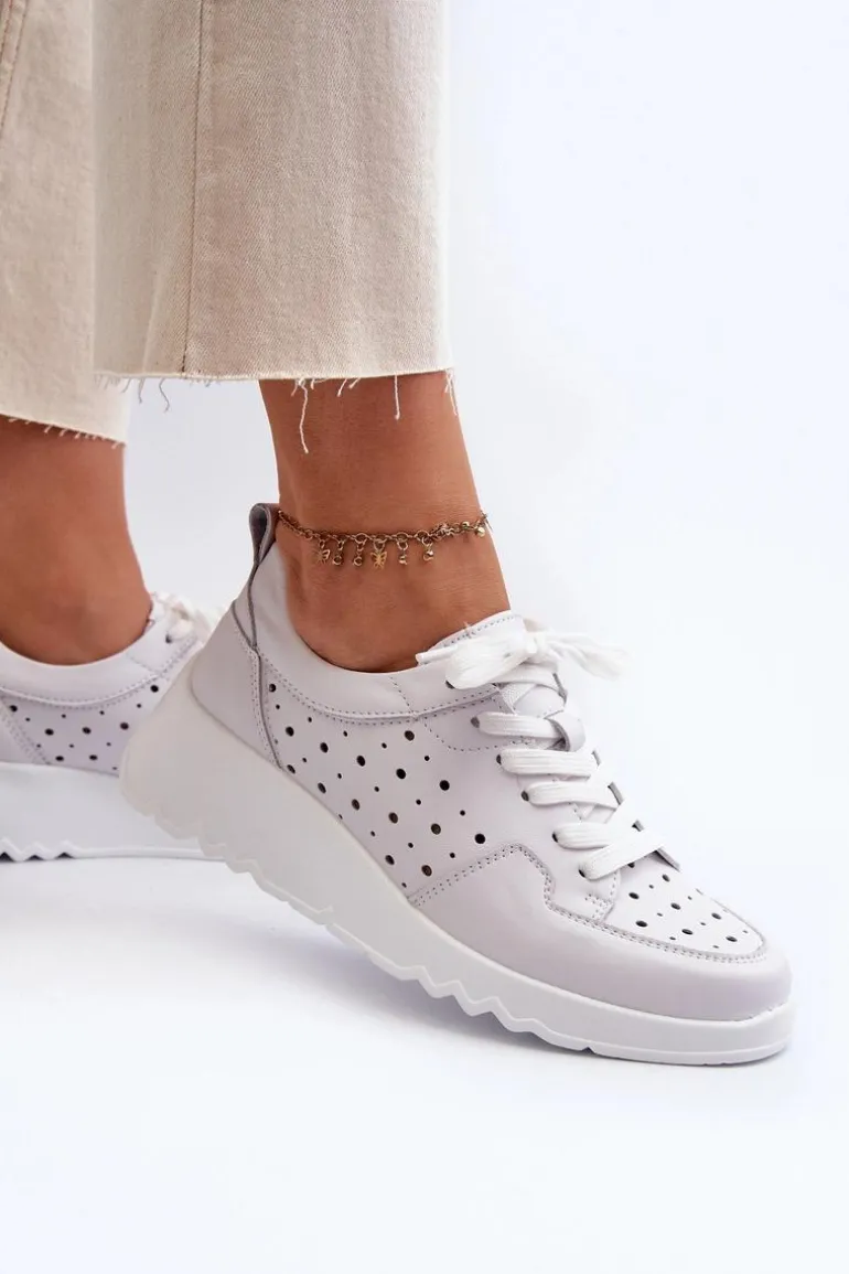 Ażurowe Damskie Sneakersy Na Koturnie Skóra Naturalna Jasnoszare S.Barski LR482