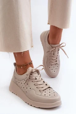 Ażurowe Damskie Sneakersy Na Koturnie Skóra Naturalna Beżowe S.Barski LR482