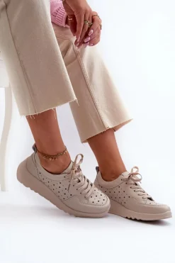 Ażurowe Damskie Sneakersy Na Koturnie Skóra Naturalna Beżowe S.Barski LR482