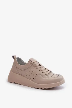Ażurowe Damskie Sneakersy Na Koturnie Skóra Naturalna Beżowe S.Barski LR482