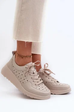 Ażurowe Damskie Sneakersy Na Koturnie Skóra Naturalna Beżowe S.Barski LR482