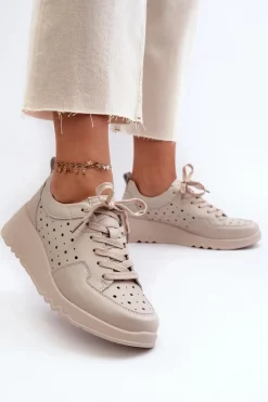 Ażurowe Damskie Sneakersy Na Koturnie Skóra Naturalna Beżowe S.Barski LR482