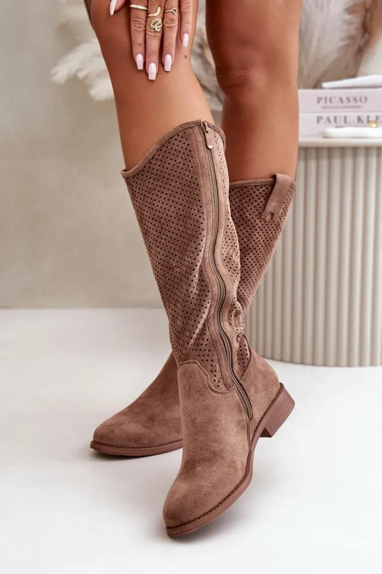 Ażurowe Kozaki Damskie Brązowe S.Barski HY42-139