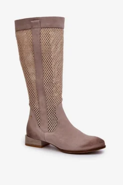 Ażurowe Kozaki Damskie Na Niskim Obcasie Z Naturalnego Zamszu Maciejka 06467-04 Beżowe