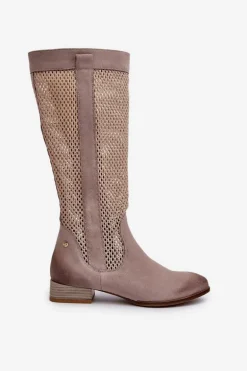 Ażurowe Kozaki Damskie Na Niskim Obcasie Z Naturalnego Zamszu Maciejka 06467-04 Beżowe